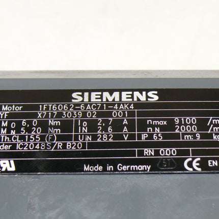 Siemens 1FT6062-6AC71-4AK4 Servomotor 1FT6 062-6AC71-4AK4 Neuwertig Motor