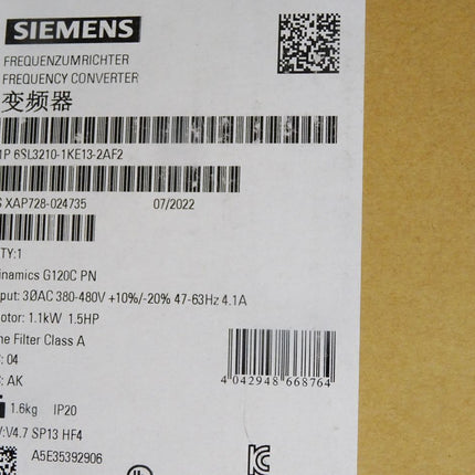 Siemens Frequenzumrichter 1.1kW 6SL3210-1KE13-2AF2 / Neu OVP