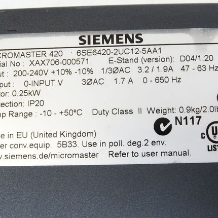 Siemens Micromaster420 6SE6420-2UC12-5AA1 6SE6 420-2UC12-5AA1 6SE6400-2FL01-0AB0 0.25kW