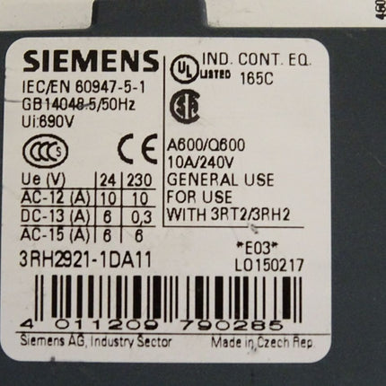 Siemens Sirius Leistungsschütz 3RT2027-1AP00 + Hilfsschalter 3RH2921-1DA11