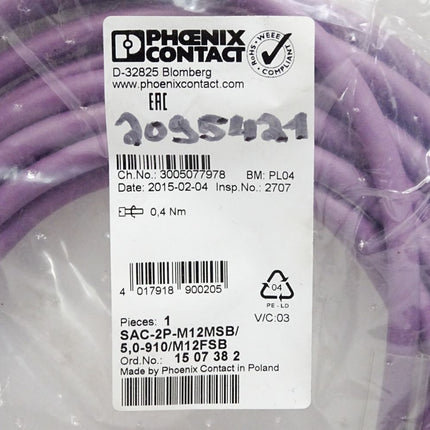 Phoenix Contact 1507382 SAC-2P-M12MSB/ 5,0-910/M12FSB Bussystem-Kabel / Neu OVP