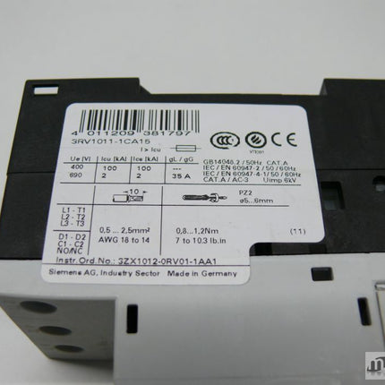 Siemens 3RV1011-1CA15 Leistungsschütz 3RV1 011-1CA15