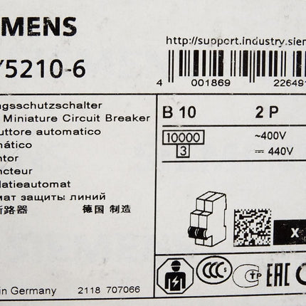 Siemens 5SY5210-6 Leitungsschutzschalter B10 2P / Neu OVP