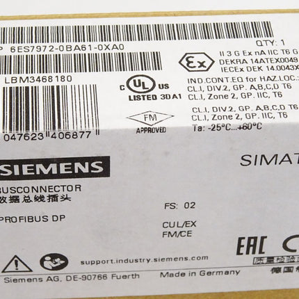 Siemens Busconnector 6ES7972-0BA61-0XA0 6ES7 972-0BA61-0XA0 Neu OVP versiegelt