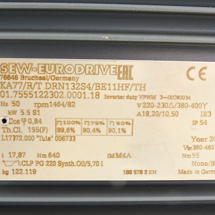 SEW Eurodrive Getriebemotor KA77/R/T DRN132S4/BE11HF/TH 01.7555122302.0001.18 rpm1464/82 5.5kW i17.87 / Unbenutzt mit Lagerspuren