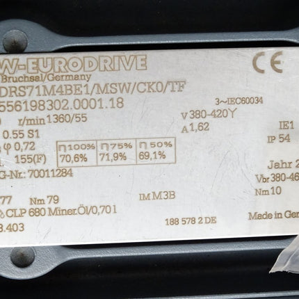 SEW Eurodrive Getriebemotor S47DRS71M4BE1/MSW/CK0/TF S47 DRS71M4BE1/MSW/CK0/TF 1360/55r/min 0.55kW i24.77 Unbenutzt