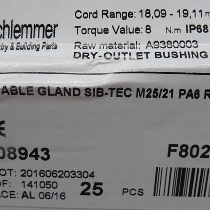 Schlemmer 5308943 Kabelverschraubung M25/21  / D 9,0-18 mm / Inhalt : 11 Stück / Neu OVP