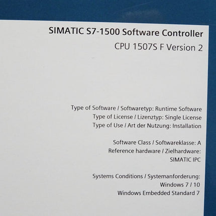 Siemens 6ES7672-7FC01-0YA0 6ES7 672-7FC01-0YA0 S7-1500 Failsafe Software Controller CPU 1507S / Neu OVP