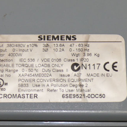 Siemens 6SE9521-0DC50 Micromaster Frequenzumrichter 4kW  6SE9 521-0DC50 NEU