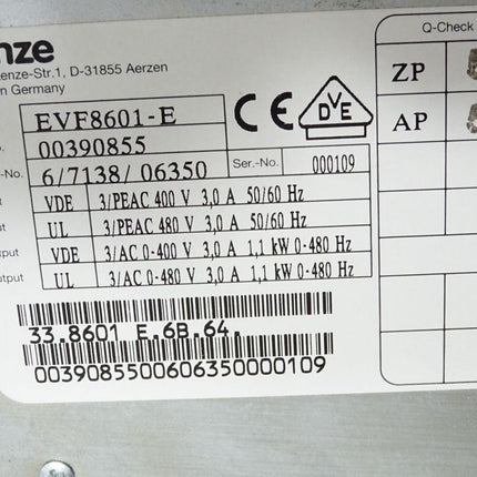 Lenze 8600 Frequenzumrichter EVF8601-E 33.8601 E.6B.64 003908551.1kW