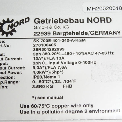 NORD Getriebebau 4kW SK700E-401-340-A-KGM 278100405 mit SKXU1-POS 278200130