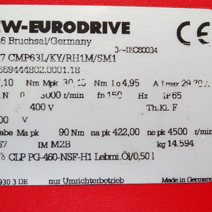 SEW Eurodrive Getriebemotor WF37 CMP63L/KY/RH1M/SM1 01.766944802.0001.18 3000r/min i10,67