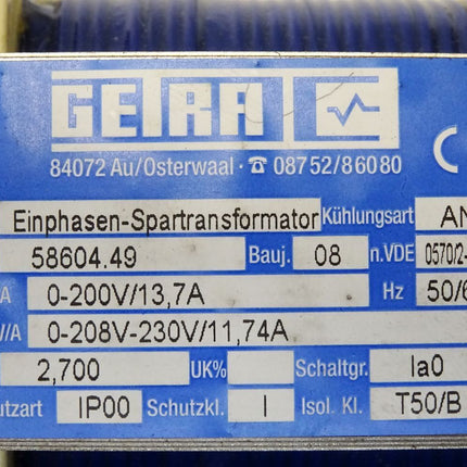 Getra Trafo Einphasen-Spartransformator 58604.49 0-200V 13.7A 0-208V-230V 11.74A 2.700kVA