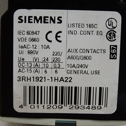 Siemens Leistungsschütz 3RT1026-1AL24 + 3RH1921-1HA22 Hilfsschalterblock