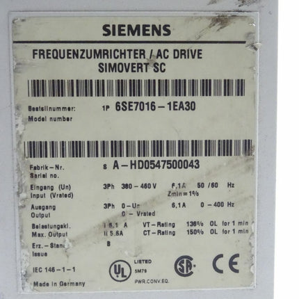 Siemens Simovert SC 6SE7016-1EA30 Wechselrichter / AC Drive