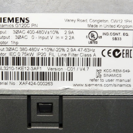 Siemens Sinamics G120C PN Frequenzumrichter 0.75kW 6SL3210-1KE12-3AF1