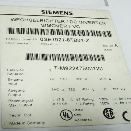 Siemens Simovert Wechselrichter 6SE7021-8TB61-Z D99+K11 6SE7090-0XX84-0AB0 6SE7098-2XX84-0AH0 6SE7090-0XX84-0AH2