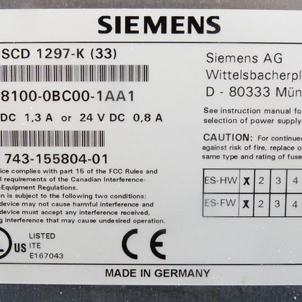 Siemens SCD 1297-K LCD MONITOR 12" 6AV8100-0BC00-1AA1