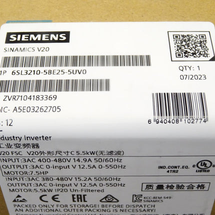 Siemens Sinamics V20 6SL3210-5BE25-5UV0 6SL3 210-5BE25-5UV0 / Neu OVP versiegelt