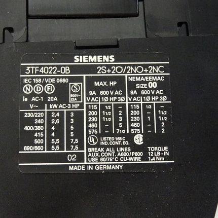 Siemens Hilfsschütz 3TF4022-0B / OVP