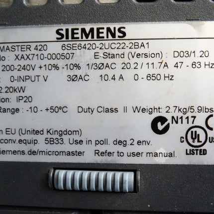 Siemens Micromaster420 6SE6420-2UC22-2BA1 6SE6 420-2UC22-2BA1 6SE6400-2FL02-6BB0 2.20kW