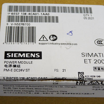 Siemens ET200S 6ES7138-4CA01-1AA0 / 6ES7 138-4CA01-1AA0 Inhalt:5 Stück Neu OVP