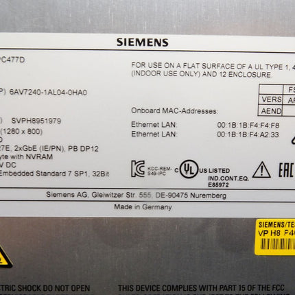 Siemens Simatic Panel IPC477D 6AV7240-1AL04-0HA0 12"-Touch 80GB SSD Neu OVP