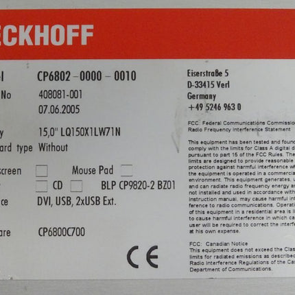 Beckhoff CP6802-0000-0010 Panel 15" LQ150X1LW71N Display