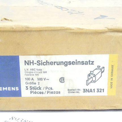 Siemens NH-Sicherungseinsatz 100A 500V~ / 3NA1321 / Inhalt : 3 Stück / Neu OVP