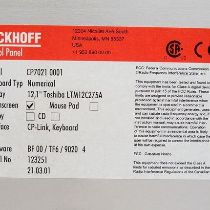 Beckhoff CP7021-0001 Control Panel