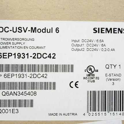 Siemens SITOP DC-USV-Modul 6EP1931-2DC42 Power Supply / Neu OVP