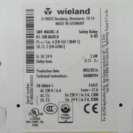 Wieland SNV 4063KL-A Safety Relay A-03 R1188.0620.0 Sicherheitsrelais