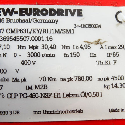 SEW Eurodrive Getriebemotor WF37 CMP63L/KY/RH1M/SM1 01.7369545507.0001.16 3000r/min i5,77