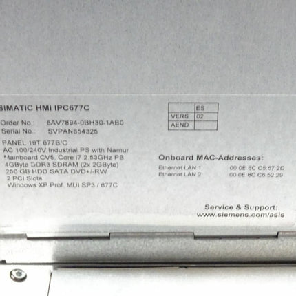 Siemens 6AV7894-0BH30-1AB0 Simatic HMI IPC677C 6AV7 894-0BH30-1AB0