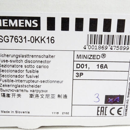 Siemens Sicherungslasttrennschalter 5SG7631-0KK16 / Inhalt:3 Stück / Neu OVP