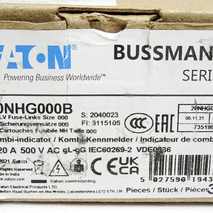 Eaton Bussmann 20NHG000B NH-Sicherungseinsätze 20A 500VAC gL/gG / inhalt:3 Stück / Neu OVP