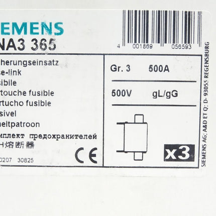 Siemens Sicherungseinsatz 500A 500V / 3NA3365 / Inhalt : 3 Stück / Neu OVP