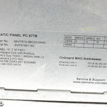 Siemens 6AV7872-0BC20-0AA0 Simatic 6AV7 872-0BC20-0AA0 Panel PC 677B