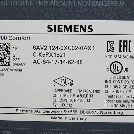 Siemens TP2200 Comfort Panel 6AV2124-0XC02-0AX1 6AV2 124-0XC02-0AX1 Erneuert