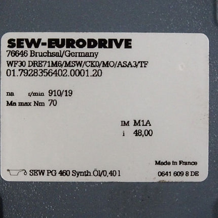 SEW Eurodrive Getriebemotor WF30 DRE71M6/MSW/CK0/MO/ASA3/TF 910/19 r/min 0.25kW i48 / Unbenutzt