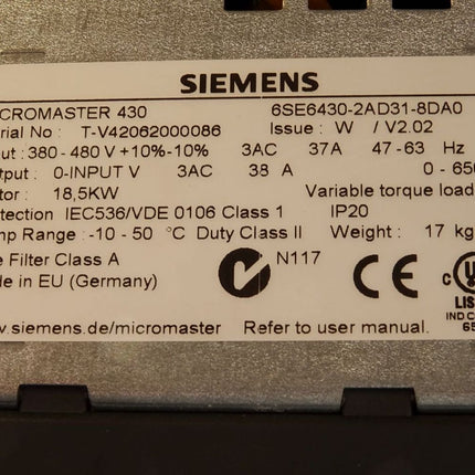 Siemens Micromaster 430 6SE6430-2AD31-8DA0 18.5kW