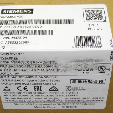 Siemens Sinamics V20 6SL3210-5BE23-0CV0 6SL3 210-5BE23-0CV0 / Neu OVP versiegelt