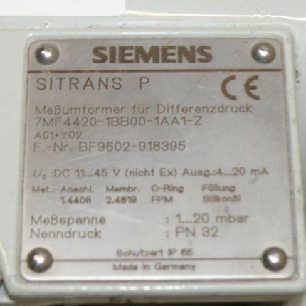 Siemens SITRNAS P 7MF4420-1BB00-1AA1-Z / A01+Y02 Meßumformer f. Differendruck