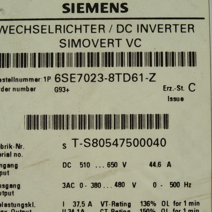 Siemens Simovert Wechselrichter 6SE7023-8TD61-Z mit Optionskarte G93 6SE7090-0XX84-0AB0 + 6SE7090-0XX84-0FF5