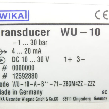 Wika Transducer WU-10 WU-10-1...30bar WU-10-A-B**-71-ZBGM4ZZ-ZZZ / Neu OVP