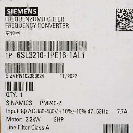 Siemens Sinamics Frequenzumrichter 2.2kW 6SL3210-1PE16-1AL1 / Neu OVP versiegelt