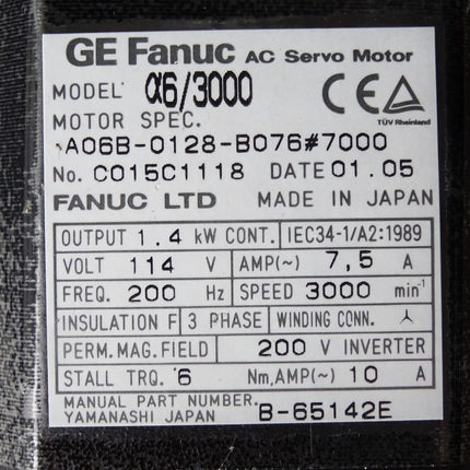 Fanuc Servomotor MDL A6/3000 A06B-0128-B076 #7000 1.4kW 3000 min-1