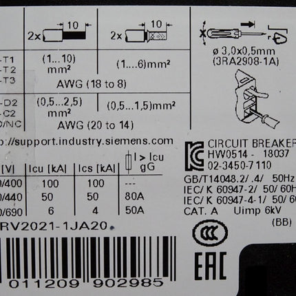 Siemens 3RV2021-1JA20 Leistungsschalter / Unbenutzt