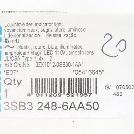 Siemens Leuchtmelder blau 3SB3248-6AA50 mit 3SB3400-1QD / Neu OVP