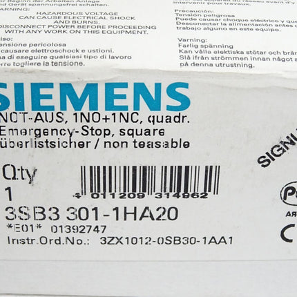 Siemens Not-Aus Pilzdrucktaster 3SB3301-1HA20 / Neu OVP